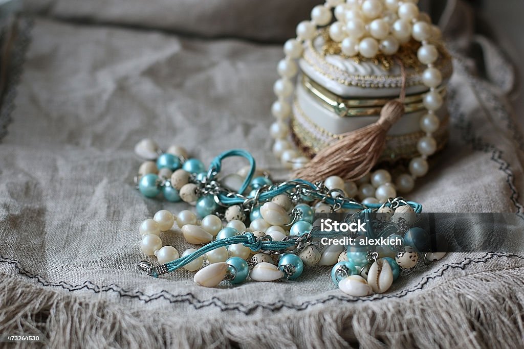 jewelry beads jewelry on linen background 2015 Stock Photo