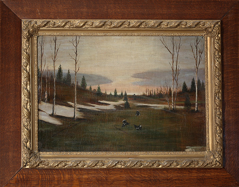 old painting by an unknown author in a retro frame autumn hunting