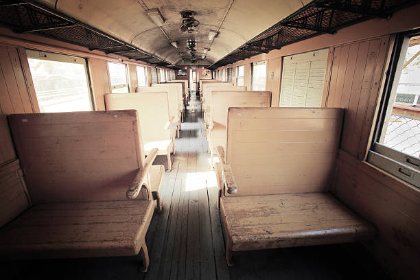 istock Empty wooden seats and interior of old train. 473270128