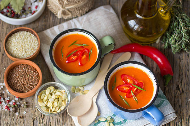 istock Pumpkin soup puree with hot pepper and herbs. Soft focus 473270502