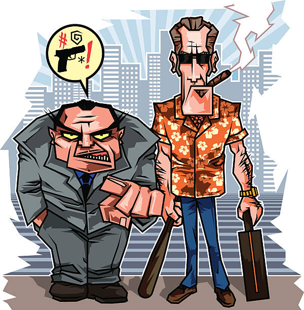 Badass mobsters Two bully tough bad guys presumably cosa nostra or sicilian mafia gangsters threaten with a baseball bat and cursing words out in the streets of the city. mob boss stock illustrations