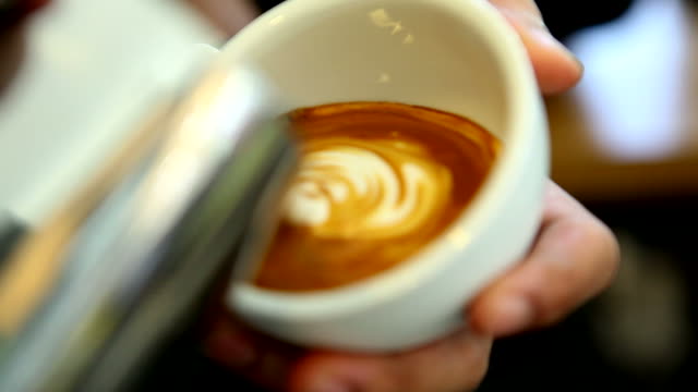 HD:Latte art,Milk pouring by a Barista.