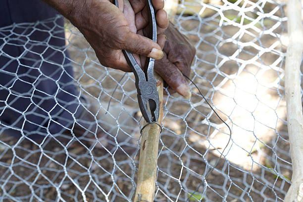 Close up image of a local fisherman from the caribbean island of nevis making a fish pot for fishing out in the caribbean sea. He is using pliers to cut and shape wire around freshly cut cinnamon sticks and a wire mesh
