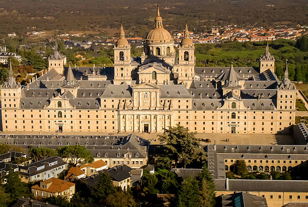 Aerial view of El Escorial Aerial view of the monastery of San Lorezo of El Escorial, Madrid, Spain prince phillip stock pictures, royalty-free photos & images