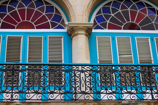 colonial balcony with stained glass in old Havana