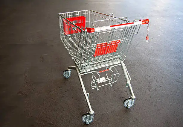 metal trolley shopping basket at asphalt background