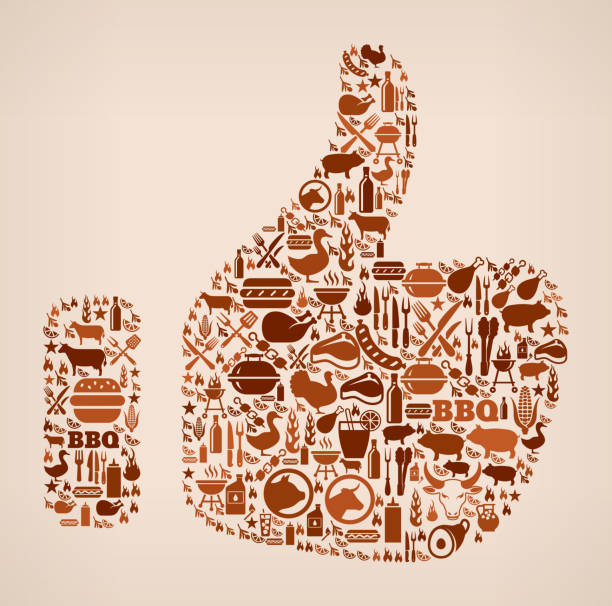 Thumbs Up summer barbecue invitation vector background Thumbs Up summer barbecue invitation vector background. This royalty free vector illustration features a seamless pattern of barbecue icons. The icons range in size and include bbq favorites grill, steak, burger, eating and cooking utensils and refreshing summer drinks. The pattern in brown tones on beige background. chicken thumbs up design stock illustrations