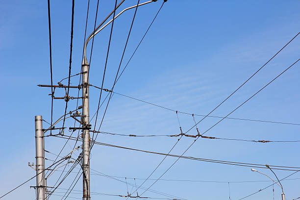 istock Railroad railway catenary lines against clear blue sky 473293886