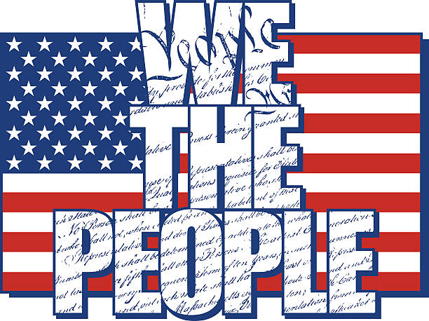 We The People WE THE PEOPLE text design filled with the Constitution of the United States with the American Flag in red, white and blue. us constitution stock illustrations