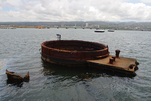 Oil slick from USS Arizona in Pearl Harbor. Oil still seeps from the ship sunk on Dec. 7, 1941.