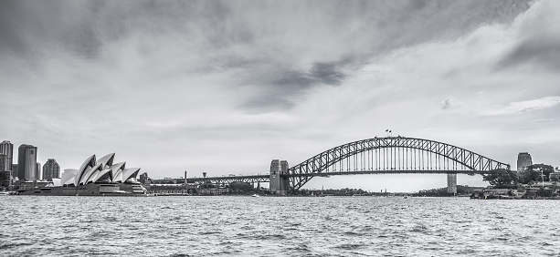 Sydney Harbour Bridge and the Opera house in Black and white, NSW, Australia