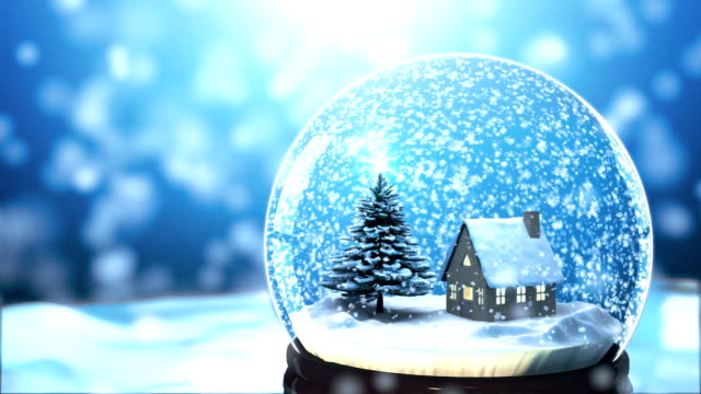Christmas Background by Christmas tree and house in Snow globe Snowflake with Snowfall scene on Blue Background