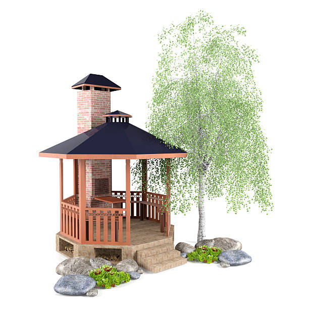 3d outdoor garden design with gazebo, plants and stones
