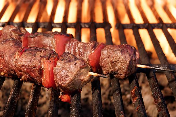 istock Barbecue Beef Kebabs On The Flaming Grill Close-up 473302214