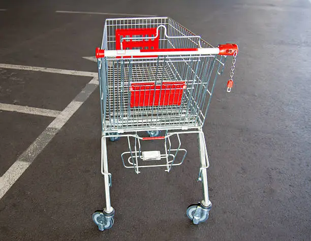 metal trolley shopping basket at asphalt background