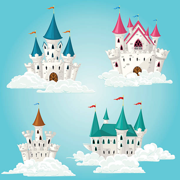 istock Collection of vector cartoon fairytale castle in clouds 473304276