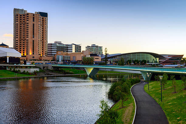 Cityscape and the bridge in Adelaide Australia Adelaide City Business District, Riverbank Bridge across Torrens River adelaide stock pictures, royalty-free photos & images