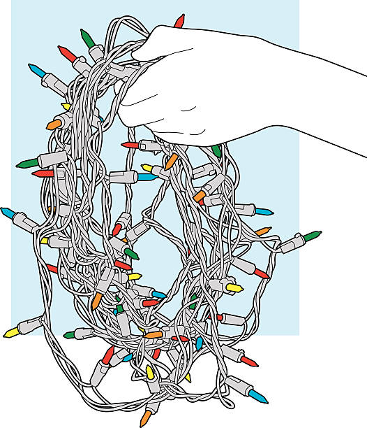 hand holding string of lights (line art - christmas tangled christmas lights lighting equipment stock-grafiken, -clipart, -cartoons und -symbole