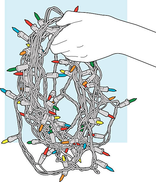 Hand Holding String of Lights Line Art Vector illustration of a hand holding a tangled string of christmas lights. christmas chaos stock illustrations