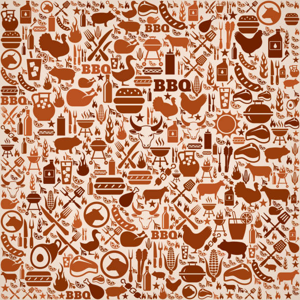summer barbecue invitation vector background pattern summer barbecue invitation vector background. This royalty free vector illustration features a seamless pattern of barbecue icons. The icons range in size and include bbq favorites grill, steak, burger, eating and cooking utensils and refreshing summer drinks. The pattern in brown tones on beige background. meat designs stock illustrations
