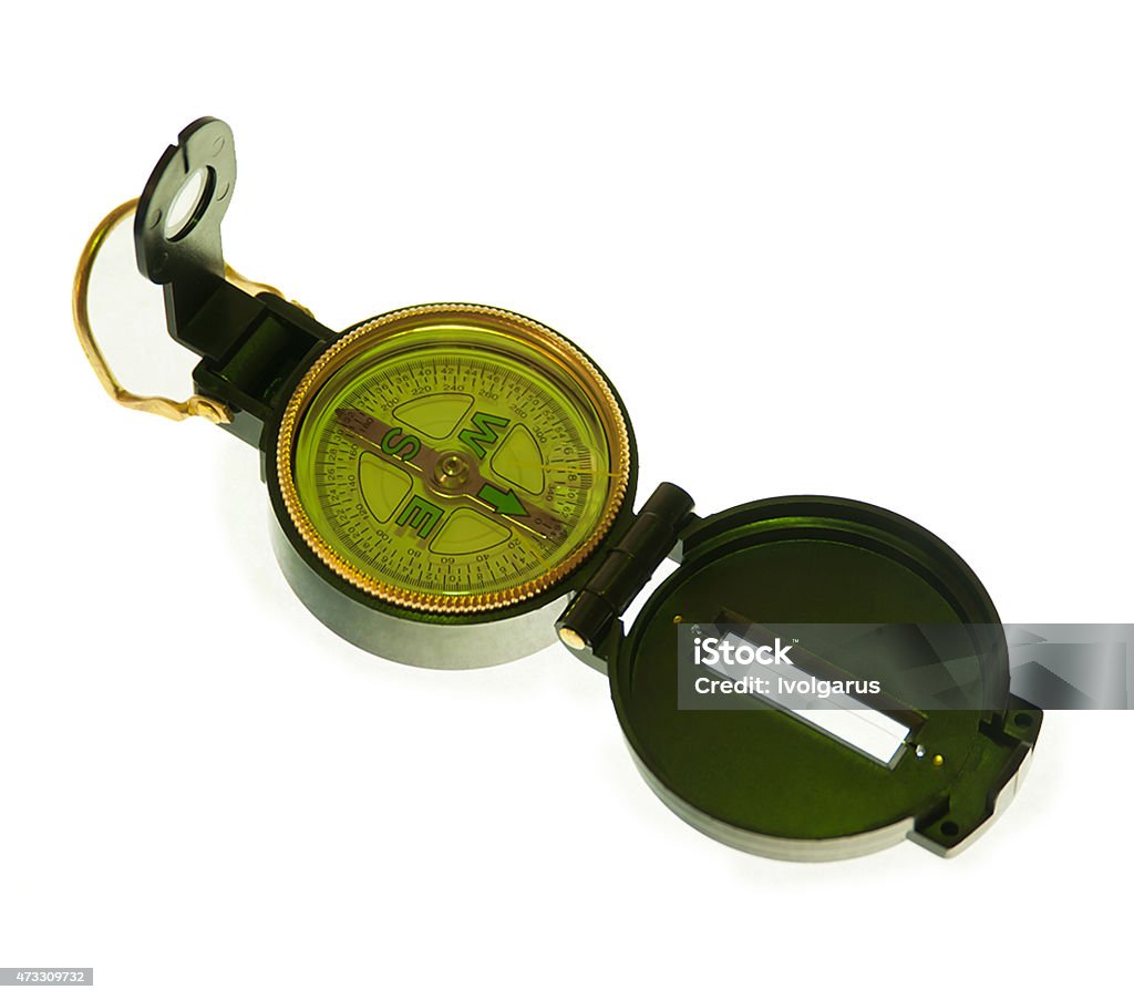 Stylish travel compass with open lid isolated on white backgroun Stylish travel compass with open lid isolated on white background 2015 Stock Photo