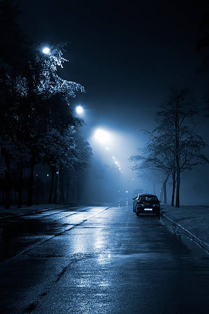 brouillard street de nuit - night wet road street photos et images de collection