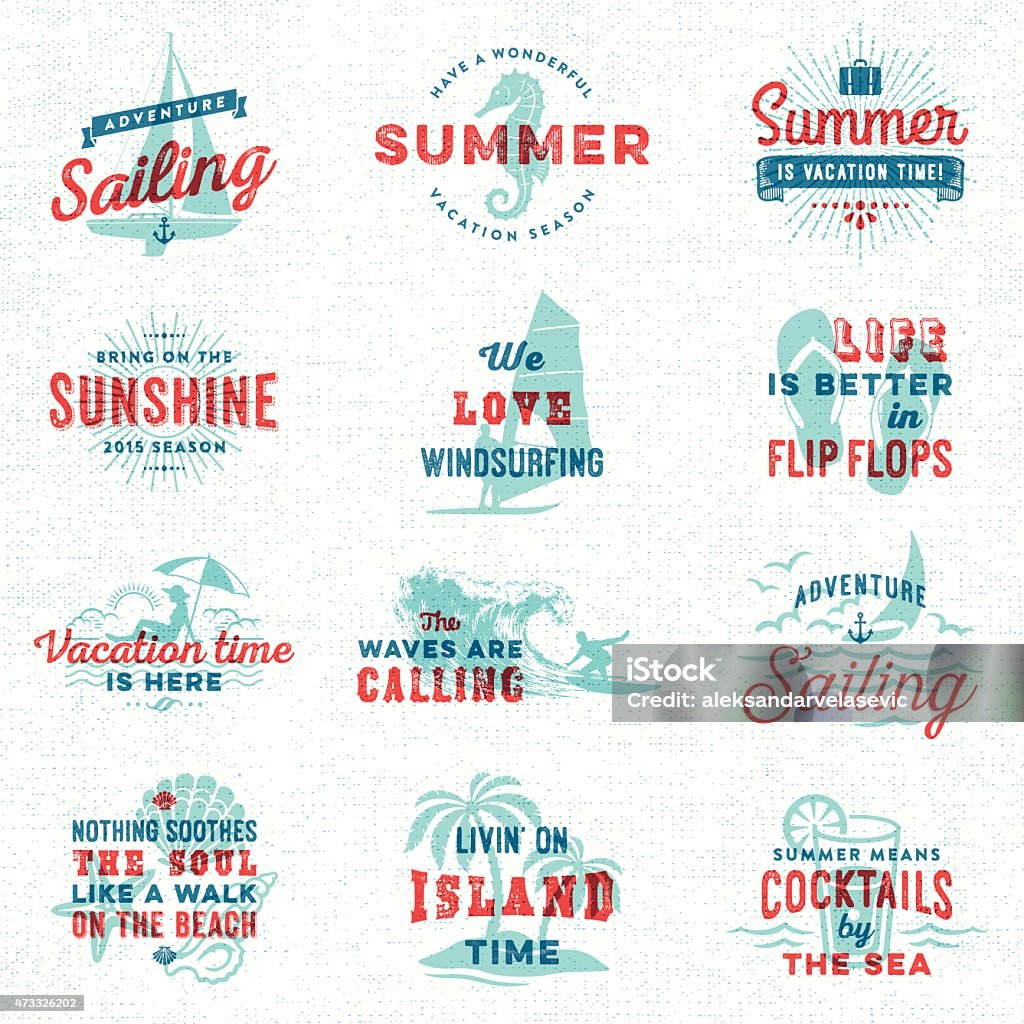 Summer, Surfing, Sailing, Beach Signs and Badges Summer, surfing, sailing, beach signs and badges in overprint retro style.EPS 10 file with transparencies.File is layered with global colors.More works like this linked below. Illustration stock vector