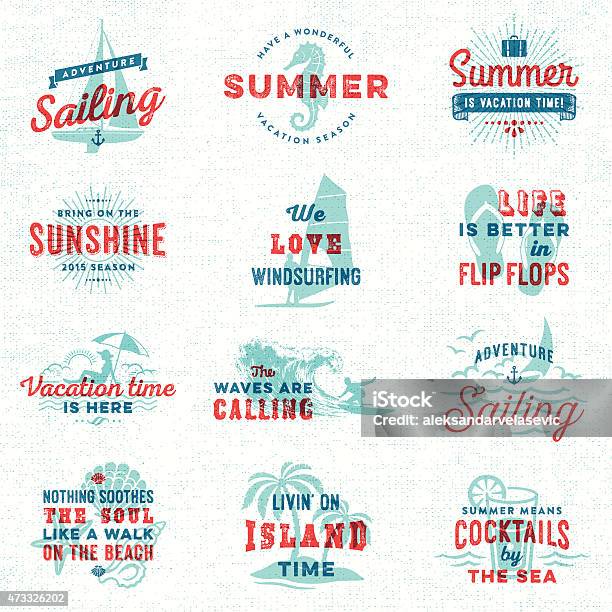 Summer Surfing Sailing Beach Signs And Badges Stock Illustration - Download Image Now - Illustration, Surfing, Textured