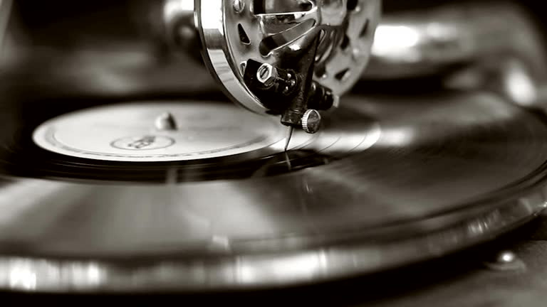 Black and white old movie retro gramophone. Vintage turntable