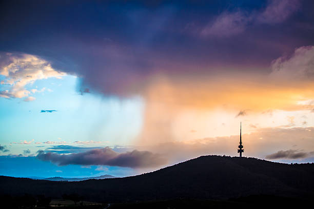 Canberra cityscape including the Black Mountain and Telstra Tower at dawn. Above all that, the sky is full of dramatic clouds.