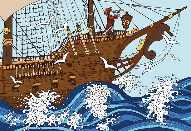 Vector illustration of Background with ship, pirate captain and gulls in storm