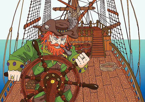 Vector illustration of Background with red beard captain on ships deck