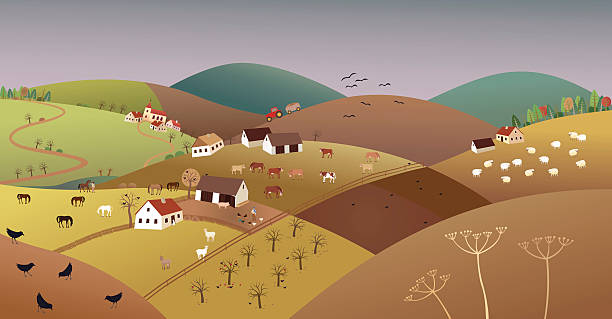 Late fall farmer landscape vector art illustration
