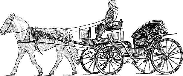 Vector drawing of the old horse-drawn carriage on the streets of a modern city.