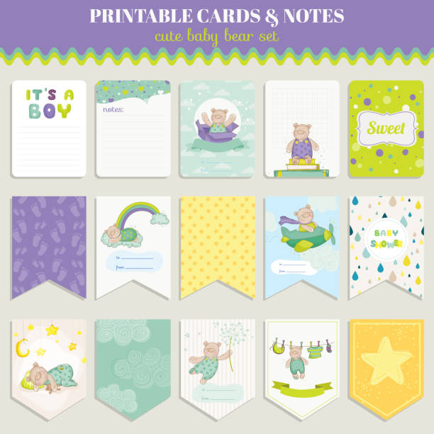 baby bear card set - k narozeninám, oslava miminka, párty - spánek odpočívání fotky stock ilustrace