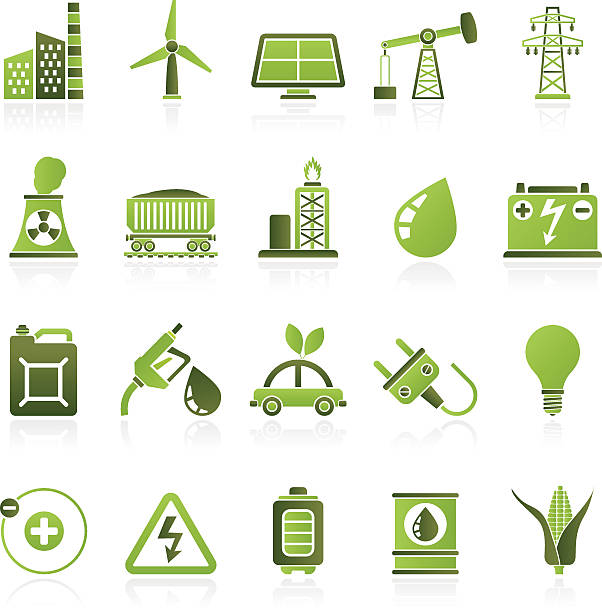 power, energy and electricity icons источника - diesel factory water sun stock illustrations