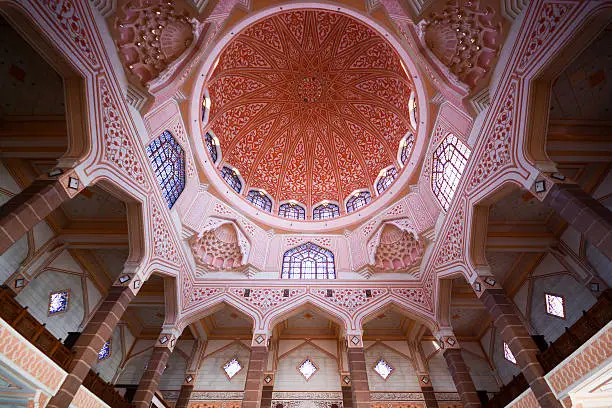 Inside the Putra Mosque, It is constructed with rose-tinted granite and located in a popular touristic and administrative location.
