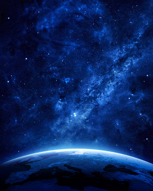 Earth at night Earth at night as seen from space with blue, glowing atmosphere and space at the top. Perfect for illustrations.  Elements of this image furnished by NASA nebula stock pictures, royalty-free photos & images