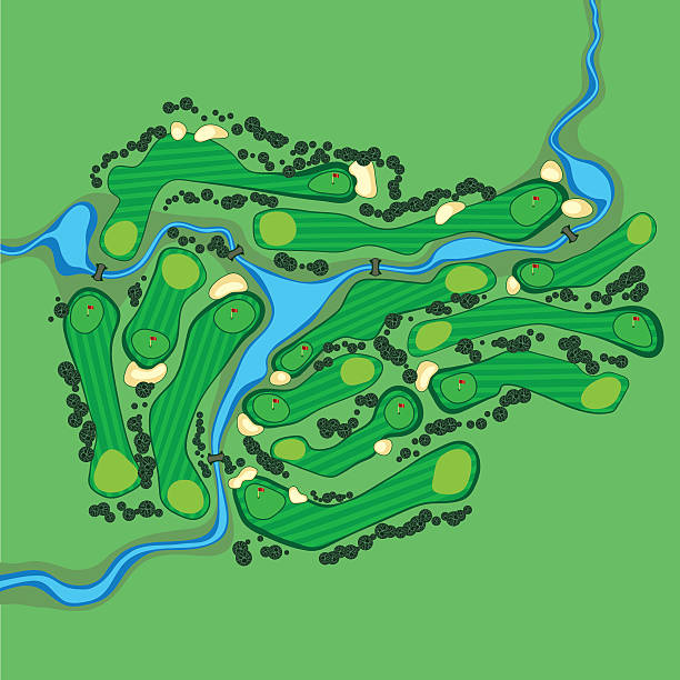 illustrazioni stock, clip art, cartoni animati e icone di tendenza di vettore vista aerea del campo da golf - golf landscape golf course tree