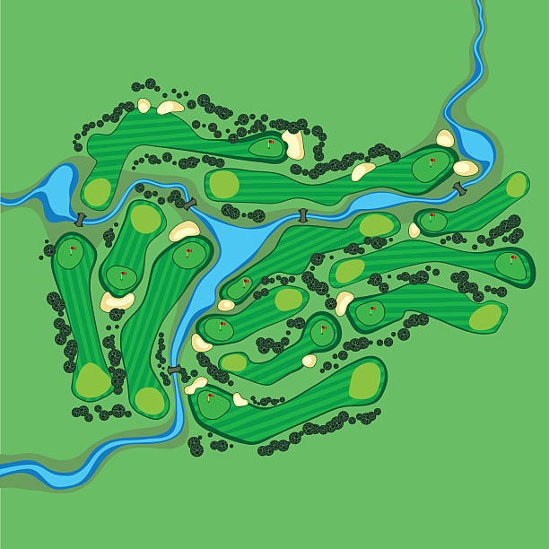 Vector golf course aerial view Golf course layout with flags trees plants river and bridges golf course stock illustrations