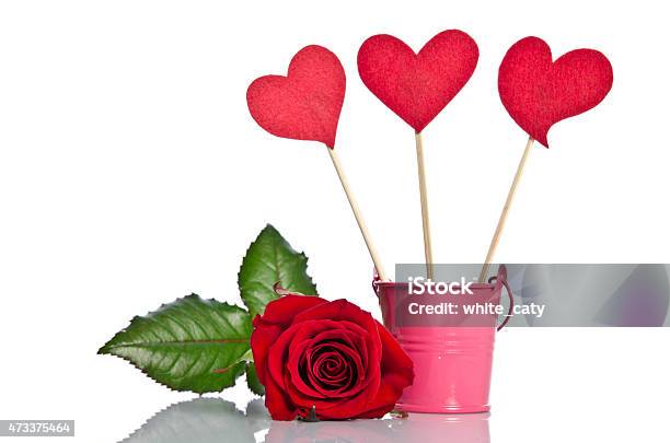 Handmade Skewers With Cloth Hearts And Beauty Red Rose Stock Photo - Download Image Now