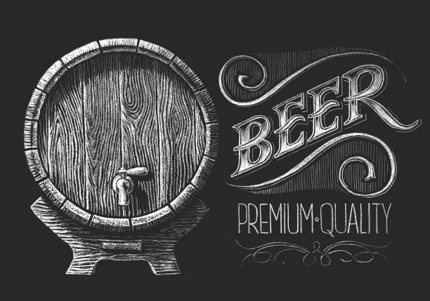 illustrazioni stock, clip art, cartoni animati e icone di tendenza di barile di birra su chalkboard - barilotto