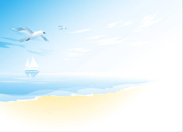 海の海、雲、フライングシーガル - wave island palm tree sea点のイラスト素材／クリップアート素材／マンガ素材／アイコン素材