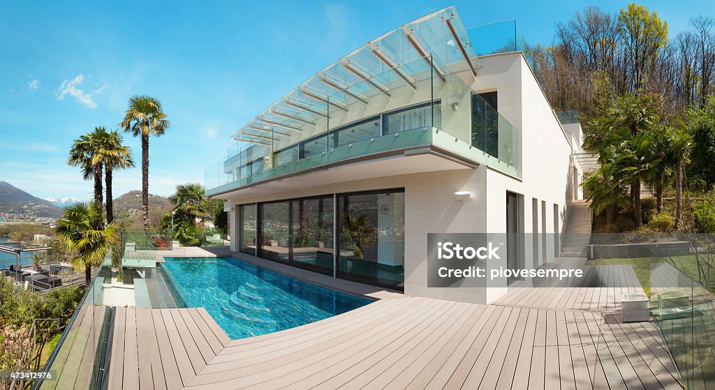 architecture, white house, outdoor architecture, modern house, beautiful patio with pool, outdoor Glass - Material Stock Photo