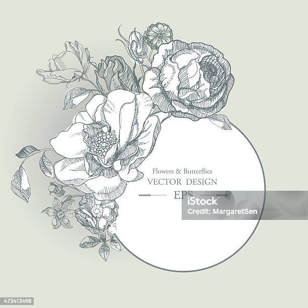 Hand Drawn Vintage Floral Background With Round Frame Stock Illustration - Download Image Now