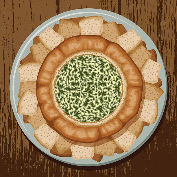 Vector illustration of Hollowed Out Bread Bowl With Spinach Dip