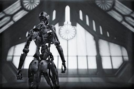 Future mankind, robot in a church.