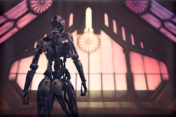 istock Future mankind, robot in a church 473414360