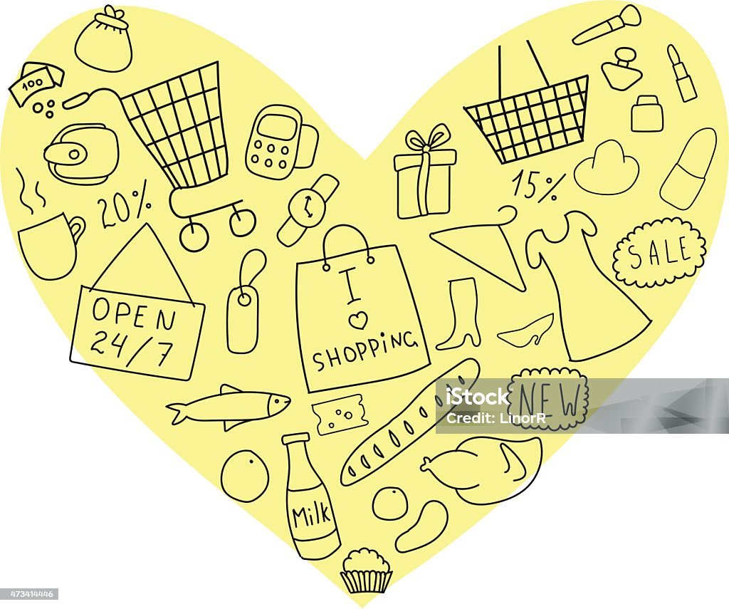 Shopping in the heart Various elements of shopping on the background of yellow heart 2015 stock vector