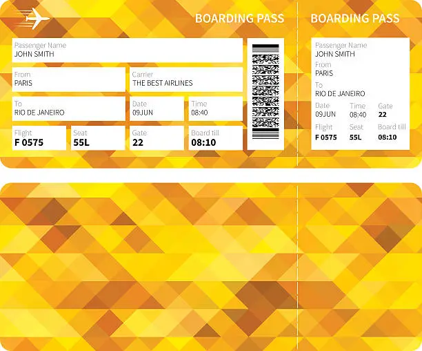 Vector illustration of Gold patterned boarding pass from Paris to Rio De Janeiro